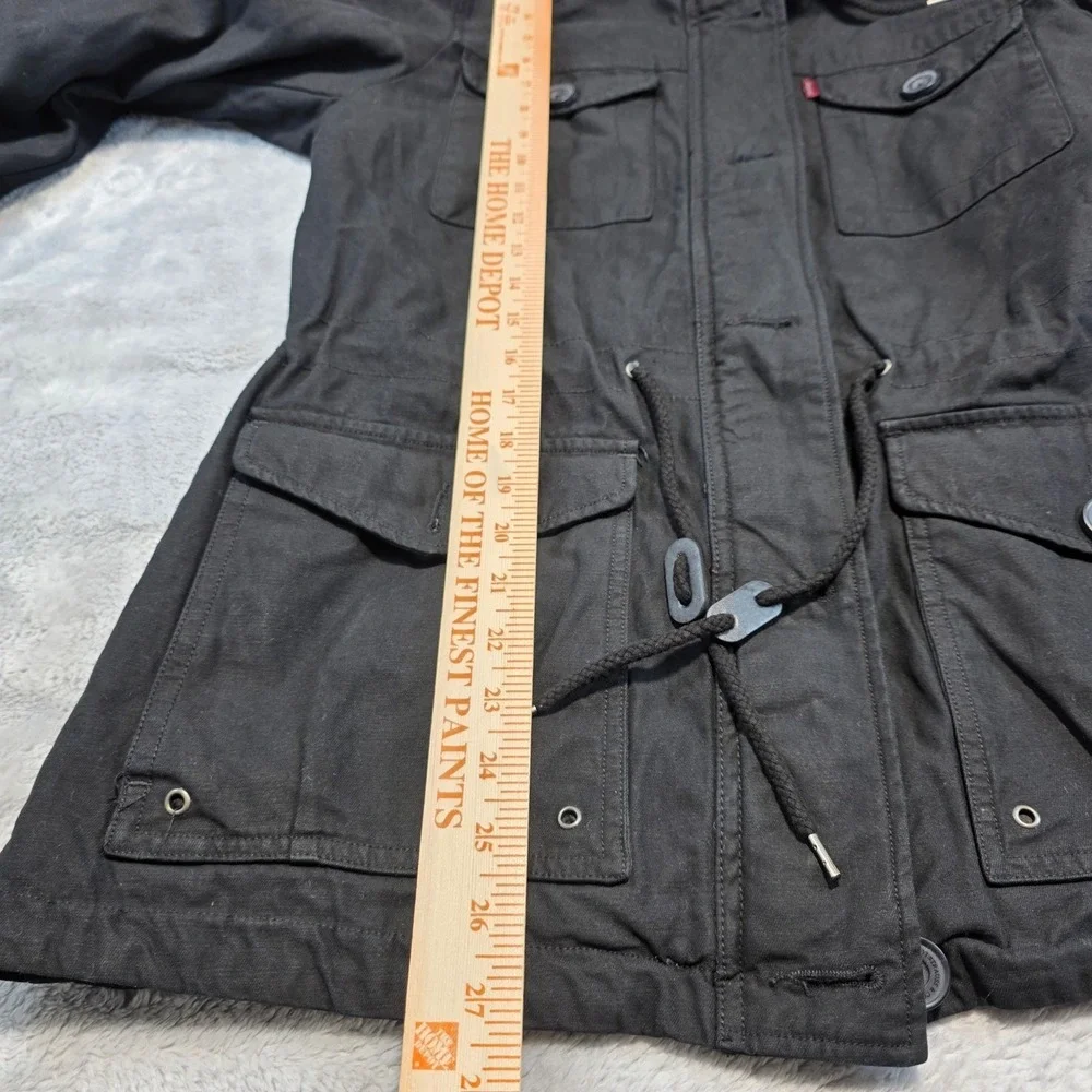 Levi's Women Medium Black Denim Field Jacket Hooded‎ Military Utility Cargo Coat